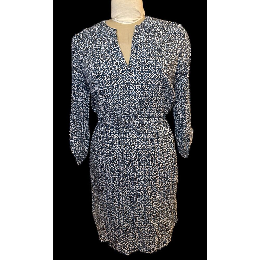 LOFT Geometric Print Dress Roll Tab Slvs Set In Waist Sz. S Cool Breathable Ligh - Picture 2 of 10